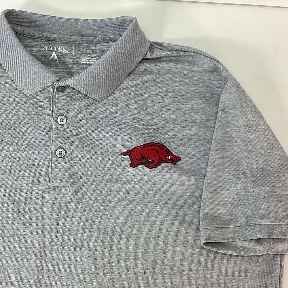 Arkansas Razorbacks Antigua Gray Polo with Tusk Logo